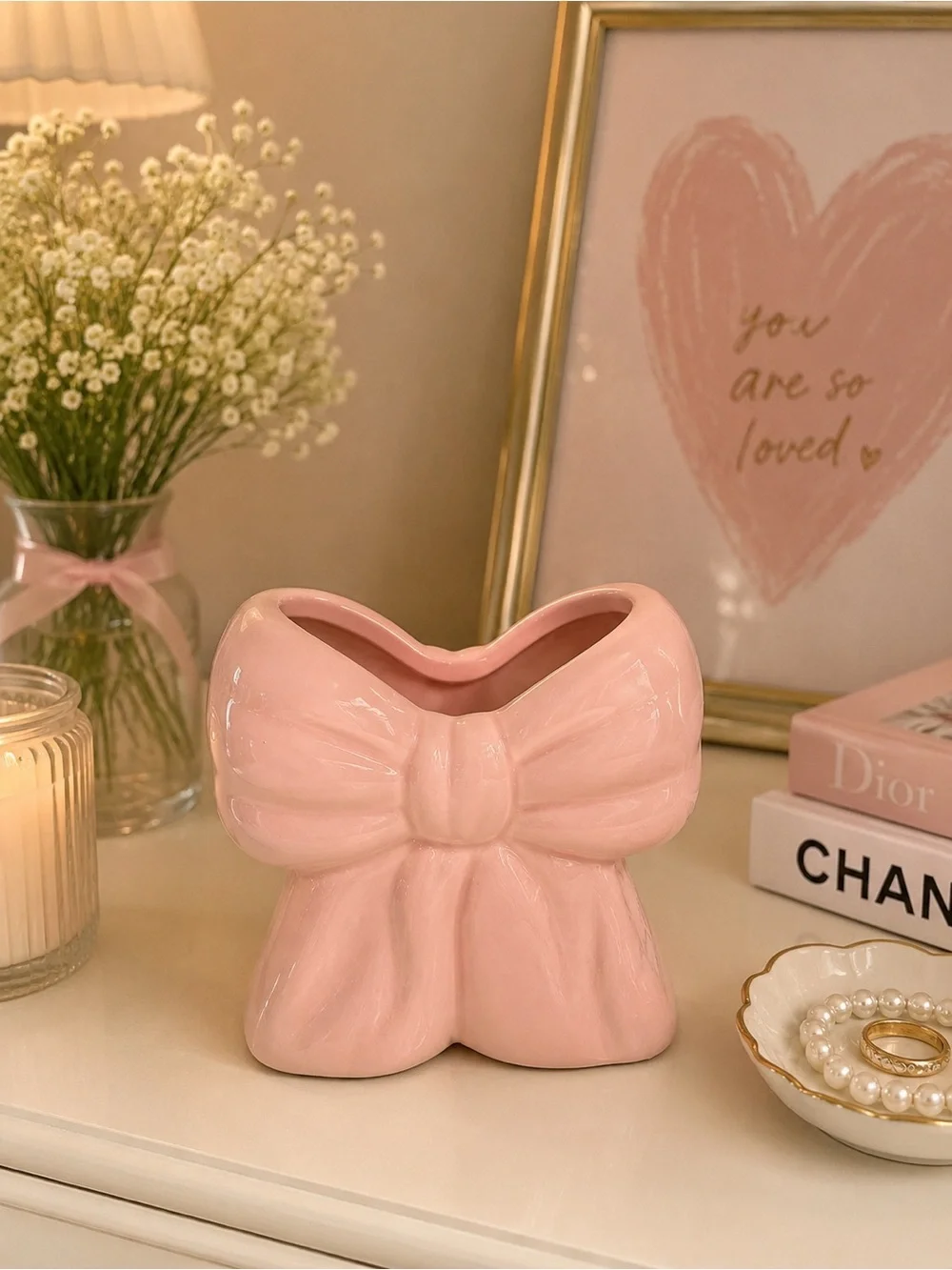 Pink Bow Ceramic Vase & Dispenser Set